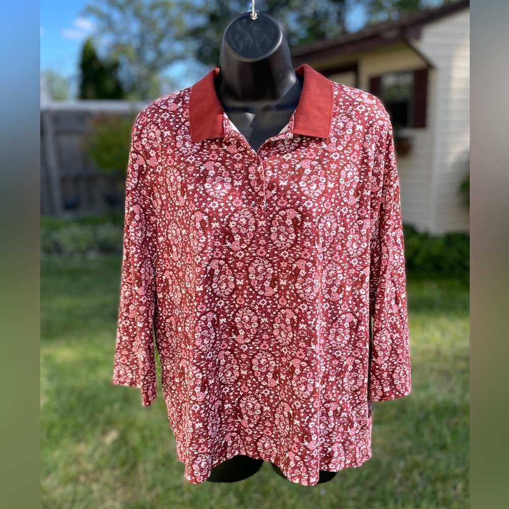 Land’s End womens polo shirt paisley size XL stretch cotton casual career‎ Peru